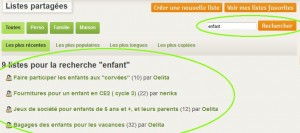 Résultats de la recherche de liste, exemple de recherche sur "enfant"