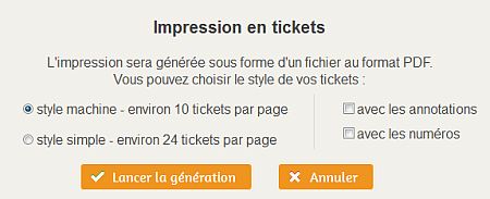 La fenêtre de choix d'options de l'impression en tickets