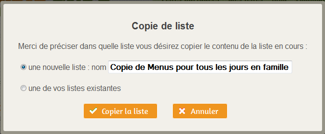 Copie de liste : choix entre créer une nouvelle liste et copier dans une liste existante