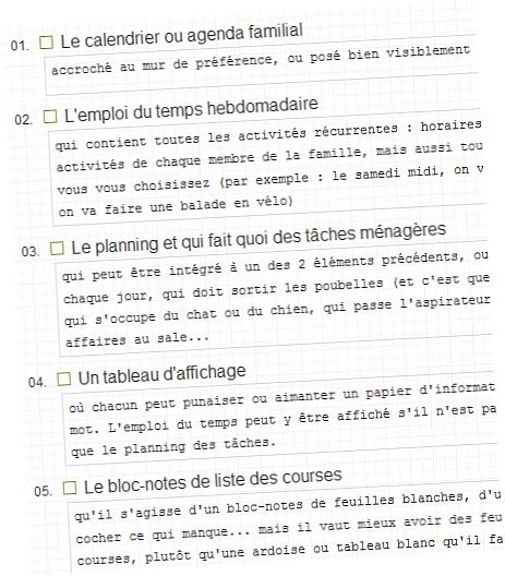 Notre liste des éléments du COF Centre d'Organisation Familiale